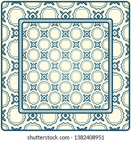 Geometric Ornament With Frame, Border. Art-Deco Background. Bandanna, Shawl, Scarf, Tablecloth Design. Blue milk color.