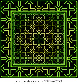 Geometric Ornament With Frame, Border. Art-Deco Background. Bandanna, Shawl, Scarf, Tablecloth Design. Black green color.