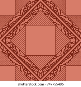 Geometric ornament with frame, border. Line art, lace background. Vector illustration. Brown color