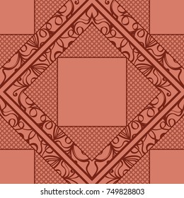 Geometric ornament with frame, border. Line art, lace background. Vector illustration. Brown color