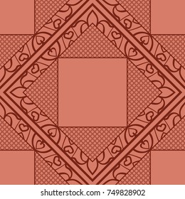Geometric ornament with frame, border. Line art, lace background. Vector illustration. Brown color