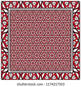 Geometric ornament with frame, border. Red, white art-deco background. Bandanna, shawl, scarf, tablecloth design.