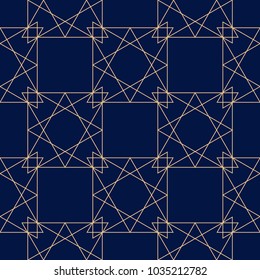 Geometric ornament. Golden blue seamless pattern for web, textile and wallpapers