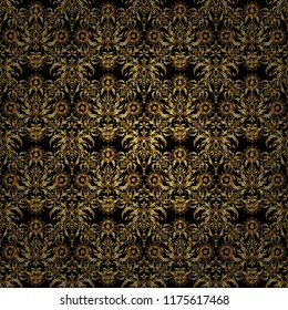 Geometric ornament with golden elements. Abstract geometric sketch. Golden texture. Seamless geometric pattern. Vector seamless pattern with gold gradient on black background.