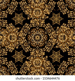 Geometric ornament with golden elements. Abstract geometric sketch. Seamless geometric pattern. Golden texture. Vector seamless pattern with gold gradient on background.