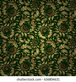 Geometric ornament with golden elements. Abstract geometric sketch. Seamless geometric pattern. Vector seamless pattern with gold gradient on green background. Golden texture.