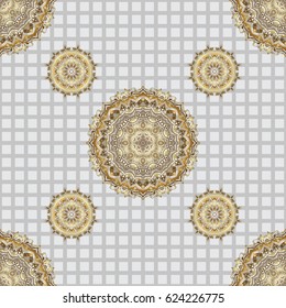 Geometric ornament with golden elements. Golden texture. Vector seamless pattern with gold gradient on gray background. Seamless geometric pattern. Abstract geometric sketch.