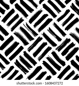 Geometric ornament hand drawn vector seamless pattern. Horizontal and vertical stripes checkered texture. Minimal background with grunge black ink lines. Monochrome wallpaper, textile print design