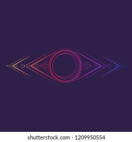 Geometric ornament with moonand stars. Viccan symbol of a white goddess. Line drawing isolated on a deep violet background. Tattoo design. EPS10 vector illustration