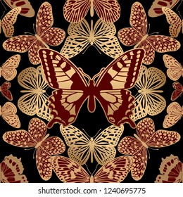 Geometric ornament mosaic optic abstract butterflies. Golden insects on black background. Seamless pattern luxury fabrics, textiles, prints pillows, summer clothing. Trendy vector abstract background.