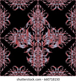 Geometric ornament with red and blue elements. Vector seamless pattern with motley gradient on black background. Abstract geometric sketch. Seamless geometric pattern.