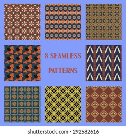 Geometric ornament seamless pattern set.  Textile design template seamless background collection. Round, polygonal and grunge motif endless texture. Japanese sample vector illustration.