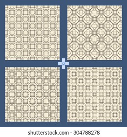 Geometric ornament seamless pattern set.  Textile design template seamless background collection. Round, polygonal and linear motif endless texture. Monochrome sample  vector illustration.