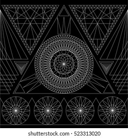 Geometric ornament. Seamless vector background. Black and white pattern with lines, squares, triangles, circles. Sacred geometry style