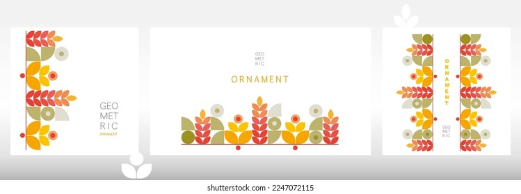 Geometric ornament. Set of simple vector illustrations. Symbolic posters on theme of peace, harmony and female day. Backgrounds for banners, labels, covers. Nature, garden concept. Hello Spring 