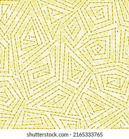 Geometric ornament stained in white and gold, with a pattern consisting of polygons and dotted broken lines. Ceramic tile design.