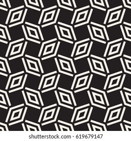 Geometric Ornament With Striped Rhombuses. Vector Seamless Monochrome Pattern