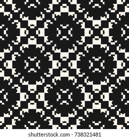 Geometric ornament texture. Vector monochrome seamless pattern with carved shapes, floral motif. Abstract ornamental black and white background, repeat tiles. Folk design element for decor, prints