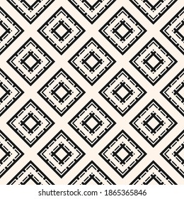 Geometric ornament texture. Vector seamless pattern with rhombuses, diamonds, squares, grid, lattice, tiles. Black and white ornament background. Repeat tileable design for decor, wallpaper, print