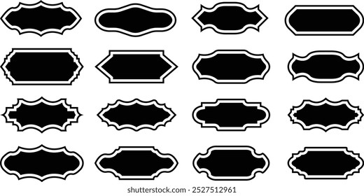 Geometric ornamental black shapes. Luxury vintage frames, window arch, Mosque gate,  royal wedding insignia, sale sticker, retro labels, badges vector illustration. Ornamental label frames