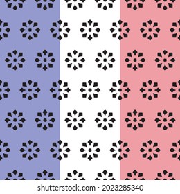 Geometric ornamental floral elements, vector seamless pattern. Blue, white, pink easy editable color background