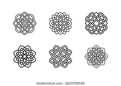 Geometric ornamental flower designs in black and white featuring interwoven floral elements