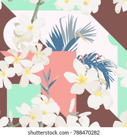 geometric ornamental pastel background with plumeria flower, palm and bird of paradise. Tropical retro seamless vector pattern