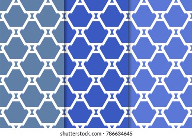 Geometric ornamental patterns. Set of blue vertical seamless backgrounds