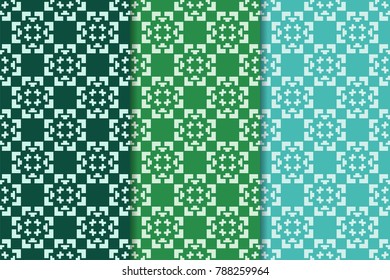 Geometric ornamental patterns. Set of green seamless backgrounds