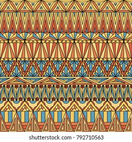 Geometric ornamental seamless pattern for backgrounds, textile and decoration in yellow, orange and blue colors