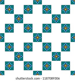 Geometric, ornamental seamless pattern. Ethnic pattern of blue, turquoise, blue rectangles, squares, triangles on white background.