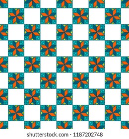 Geometric, ornamental seamless pattern. Ethnic pattern of blue, turquoise, blue rectangles, squares, triangles on white background.