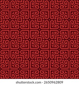 Geometric Ornamental Seamless Pattern with Heart and Square in Red Hues