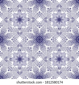 Patrón geométrico ornamental sin soldadura con copos de nieve de cristal de contorno. Se puede usar para diseño navideño, impresión de Año Nuevo en papel envolvente, regalos, regalo, papel de envoltura, tarjeta de saludo.