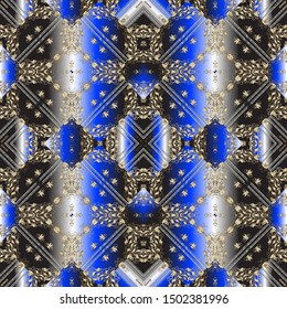 Tama 3d de seda ornamental geométrica sin fisuras. Superficie moderna y resplandeciente fondo abstracto. Fondo decorativo de repetición floral. Organizar diseño creativo. Geometría rayada textura de adornos azules.