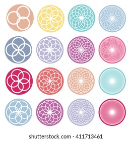 Geometric ornaments set with circles and squares. Abstract creative flowers. Multicolored on white. Vector