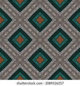 Geometric ornaments. Traditional tribal ethnic style rhombus seamless pattern. Vector ornamental background. Geometry repeat patterned backdrop. Modern symmetrical abstract design. Endless texture.