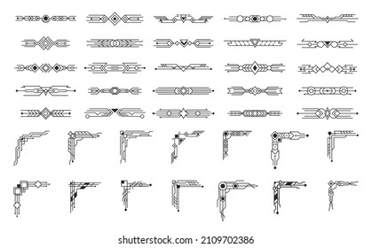 Geometric ornate borders and frames elements in luxury retro 1920s style. Art deco corners black set.  