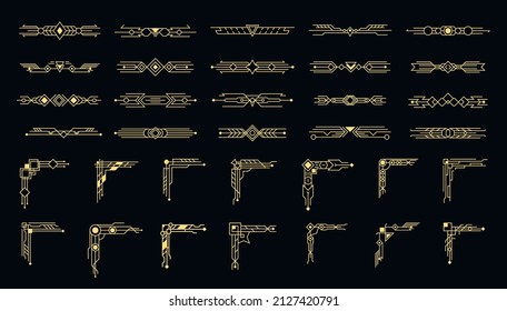 Geometric ornate borders and frames elements in luxury retro 1920s style. Art deco corners gold set.