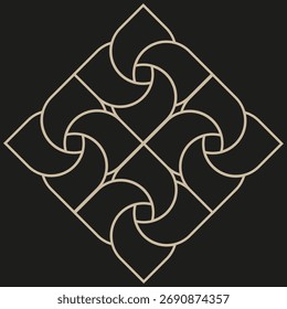 Geometric ornate emblem. Abstract vector element. Swirling gold pattern. Symmetrical graphic design. EPS 10.