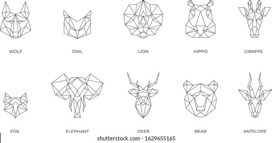 Geometric outline animals: wolf, owl, lion, hippo, giraffe, fox, elephant, deer, bear, antelope