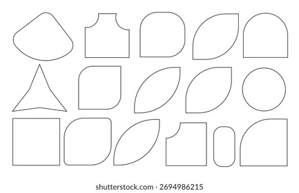 "Conjunto mínimo de formas de contorno geométrico. Formas abstratas simples de linha preta, incluindo círculo, quadrado, triângulo e formas de folha para design moderno e uso de ilustração."