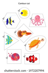 Geometric outlines on the theme of marine life. Childrens vector template for educational books, coloring book. Manual for the development of fine motor skills in a child.