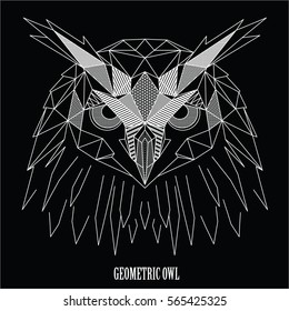Geometric owl, polygons and triangles, white lines on black background, vector file