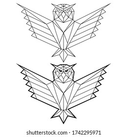 Geometric owl with wings vector design, polygonal animal pattern, bird line art abstract minimalist decoration. Minimalism concept - black and white owl modern tattoo style illustration, trendy 
