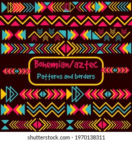 Geometric pack collection with aztec and bohemian motifs. Repetitive background inspired by friendship bracelets. Abstract boho borders with triangles and zigzag lines.