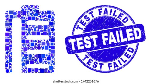 Geometric pad list items mosaic icon and Test Failed seal stamp. Blue vector rounded textured seal stamp with Test Failed caption. Abstract composition of pad list items created of round, tringle,