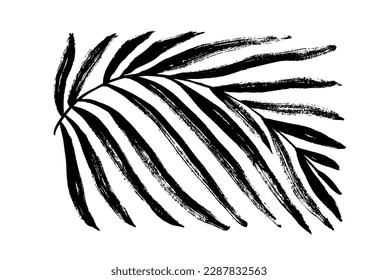 Geometric palm leaf with long stem isolated on white background. Brush drawn Matisse style organic branch with wavy thick lines. Vector illustration. Abstract geometric palm leaf in rectangle shape.