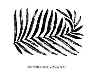 Geometric palm leaf with long stem isolated on white background. Brush drawn Matisse style organic branch with wavy thick lines. Vector illustration. Abstract geometric palm leaf in rectangle shape.