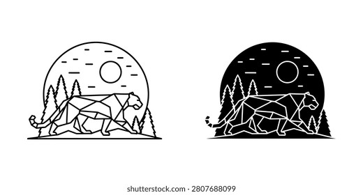 Geometric panther in forest landscape vector illustration with geometric landscape wildlife minimalist silhouette illustration predator abstract